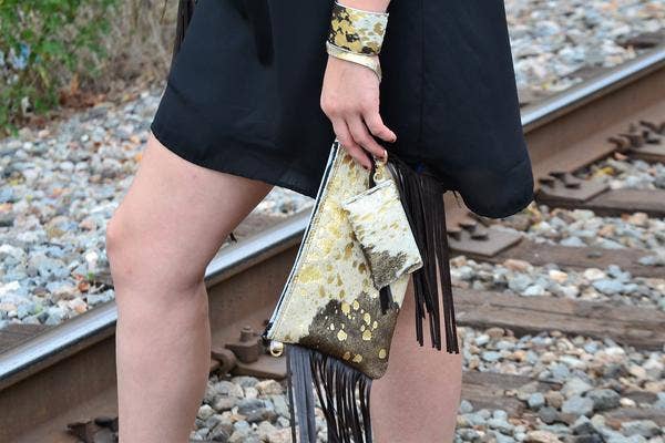 Hair-on-Hide Mixed Metallic Leather Bangle Bracelet 010z