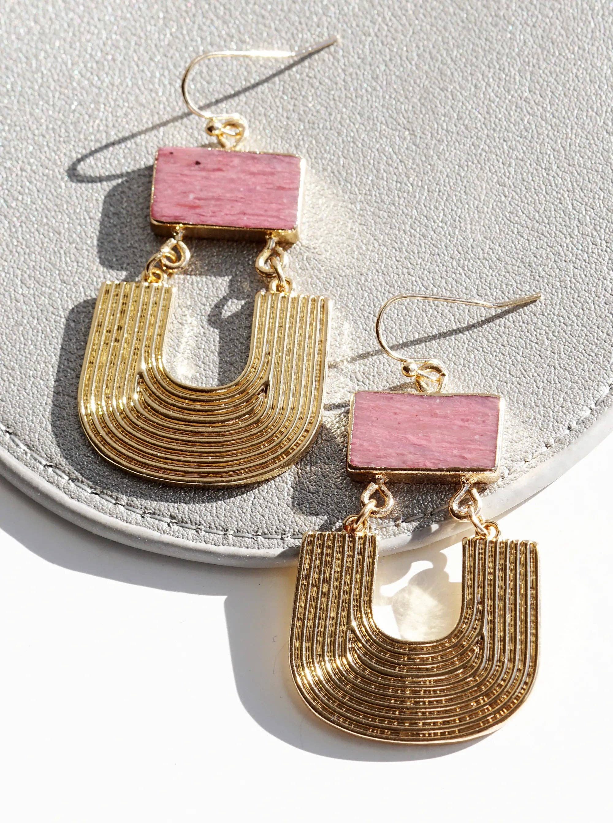 Textured Metal Natural Stone Drop Dangle Earrings