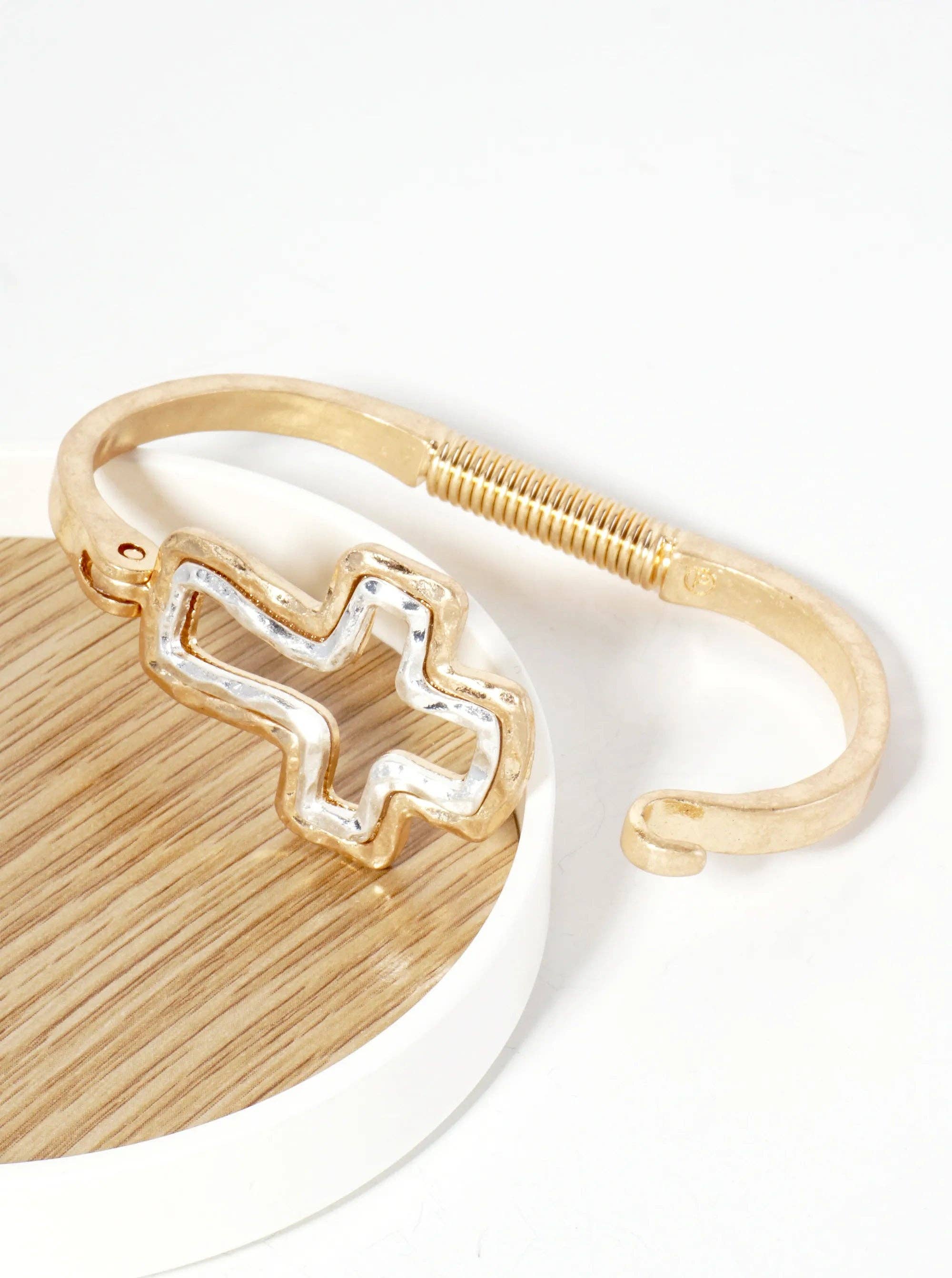 Hammered-Texture Metal Dual-Tone Cross-Shaped Hook-Clasp Hinged Bracelet