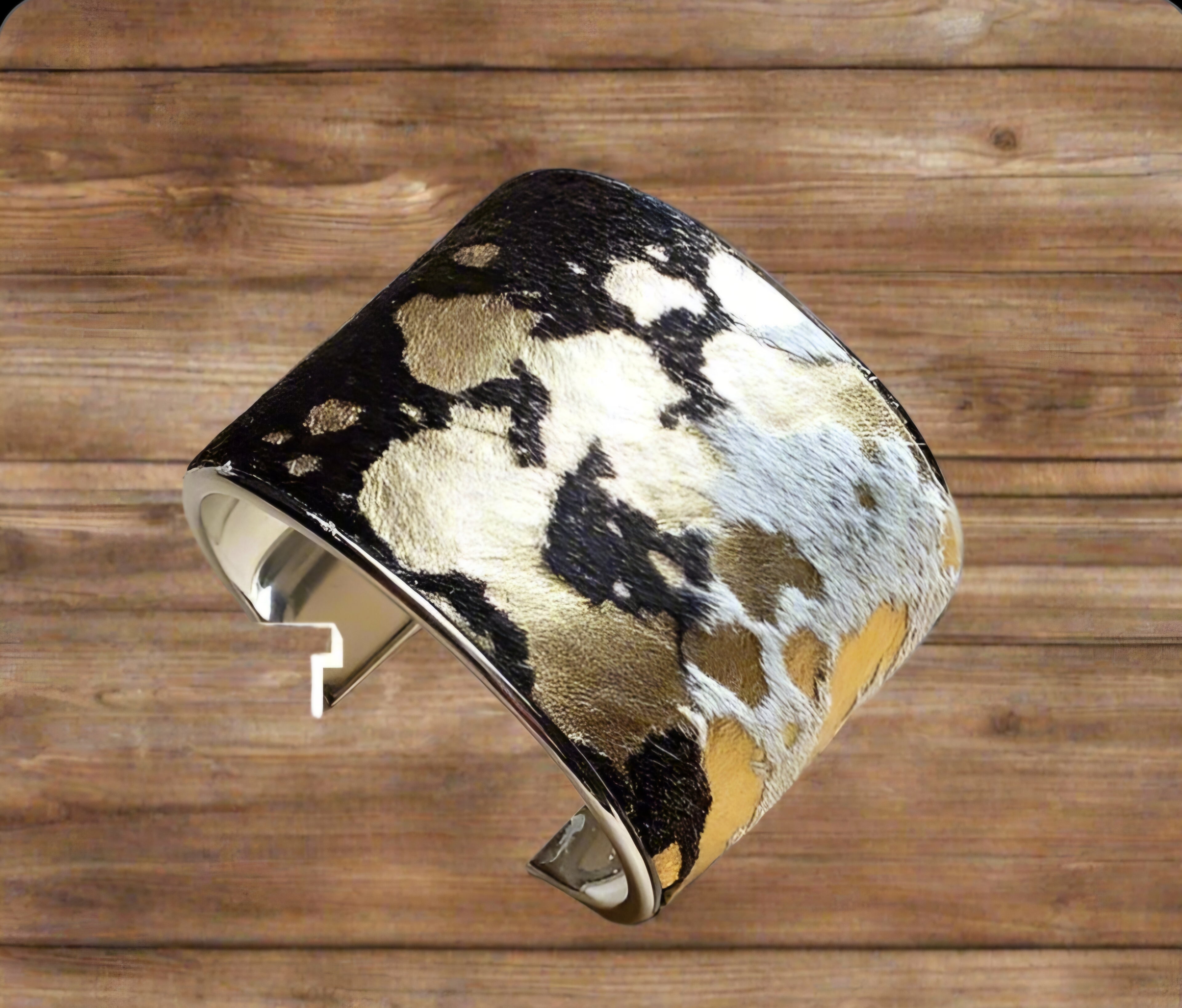 Hair-on-Hide Mixed Metallic Leather Bangle Bracelet 010z