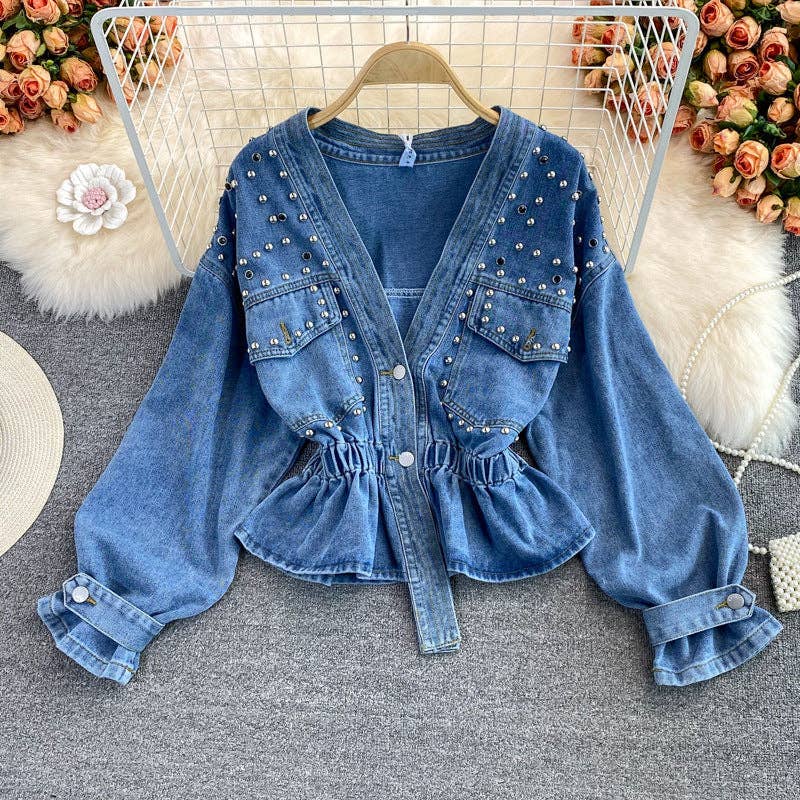 Women Fashion Beaded V-Neck Long Sleeve Denim Jacket