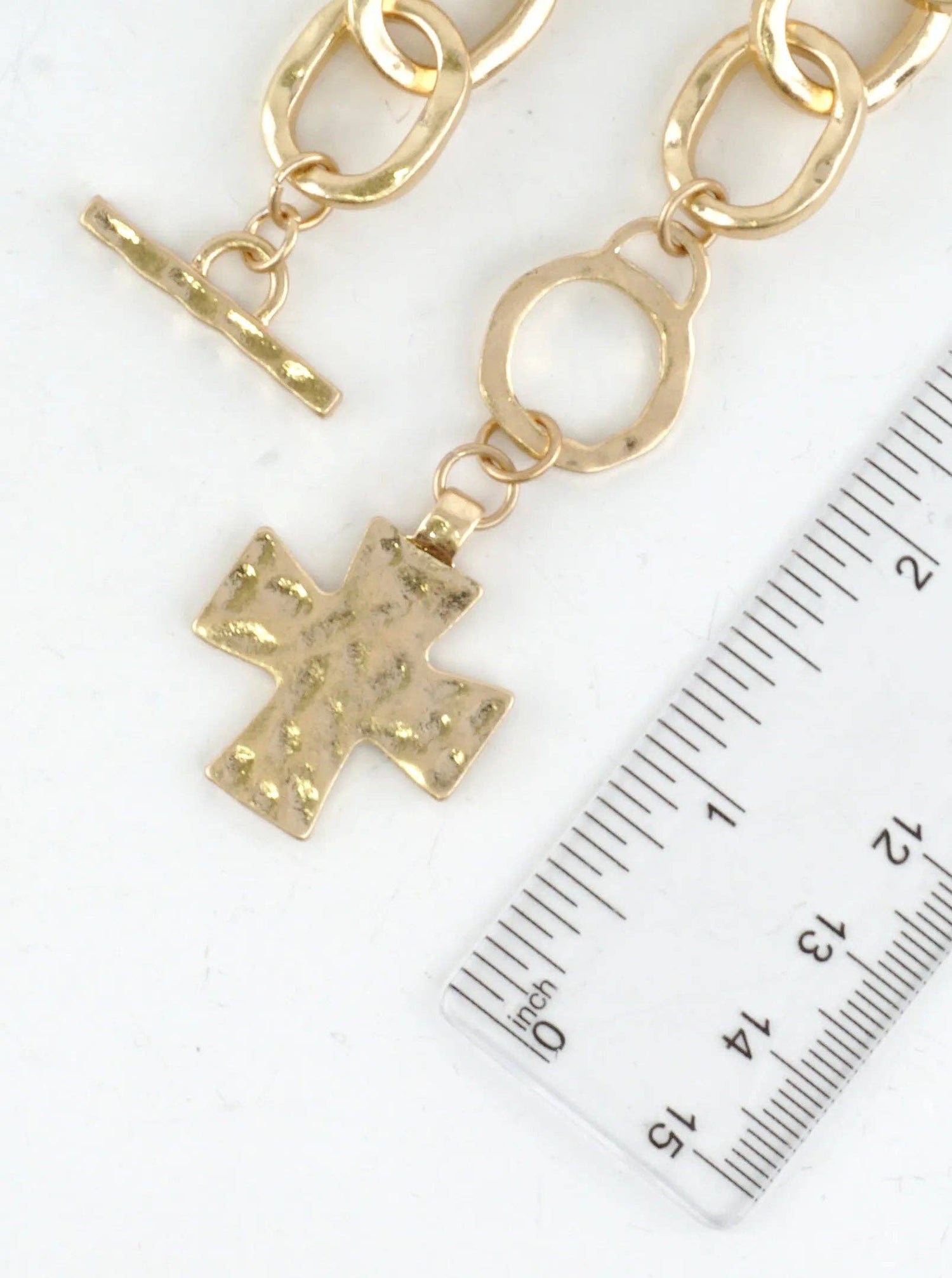 Chunky Hammered Cross Charm Toggle Link Bracelet