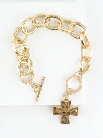 Chunky Hammered Cross Charm Toggle Link Bracelet