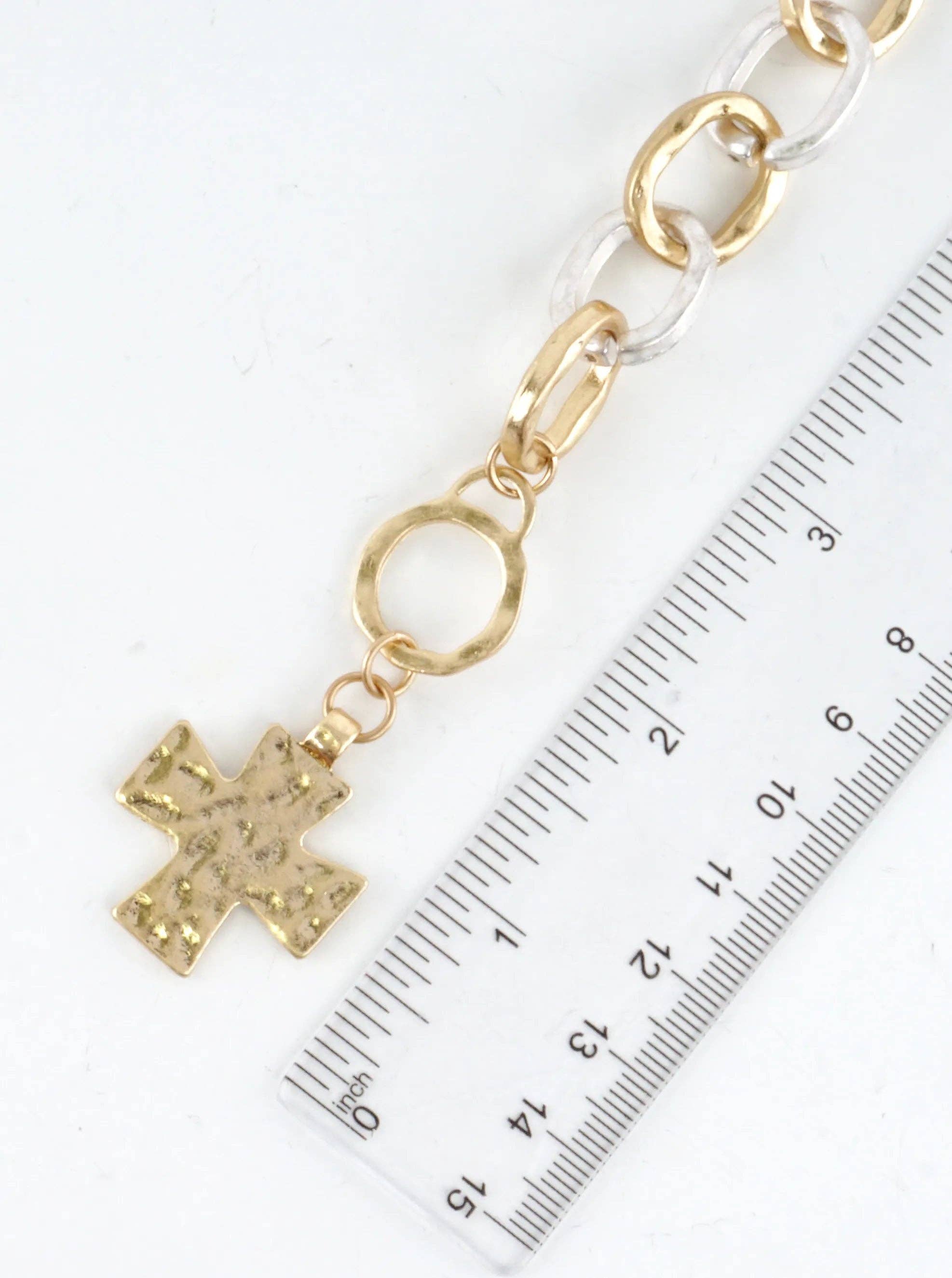 Chunky Hammered Cross Charm Toggle Link Bracelet
