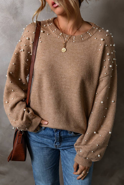 Long Sleeve Round Neck Pearl Pullover Sweater