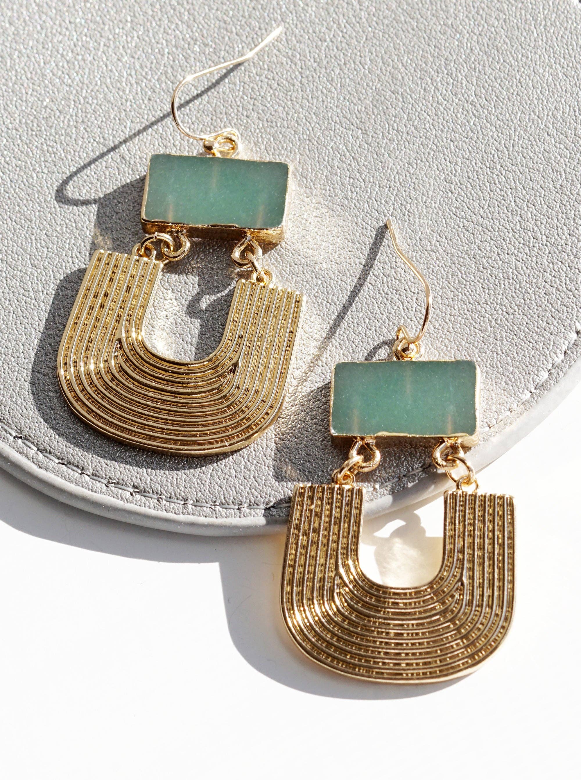 Textured Metal Natural Stone Drop Dangle Earrings