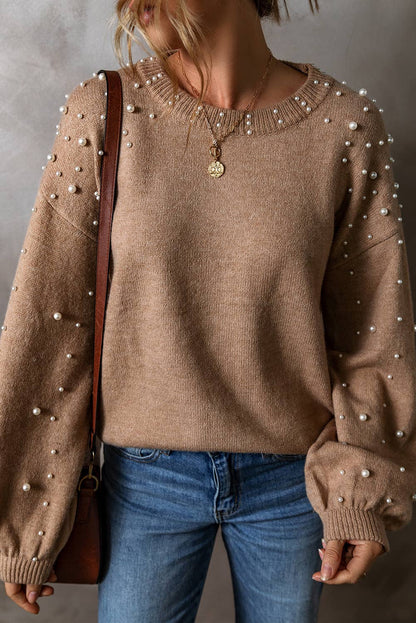 Long Sleeve Round Neck Pearl Pullover Sweater