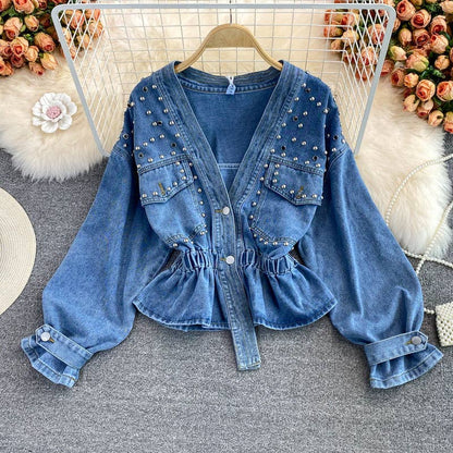 Women Fashion Beaded V-Neck Long Sleeve Denim Jacket