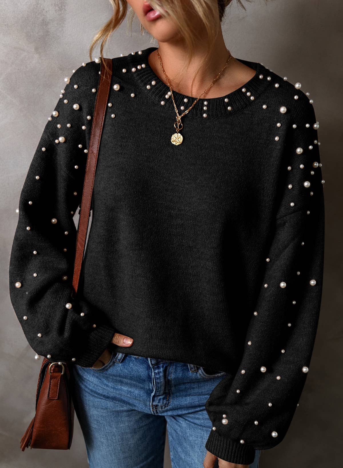 Long Sleeve Round Neck Pearl Pullover Sweater