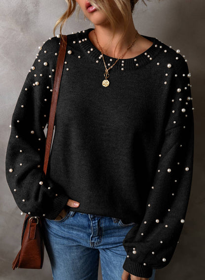 Long Sleeve Round Neck Pearl Pullover Sweater