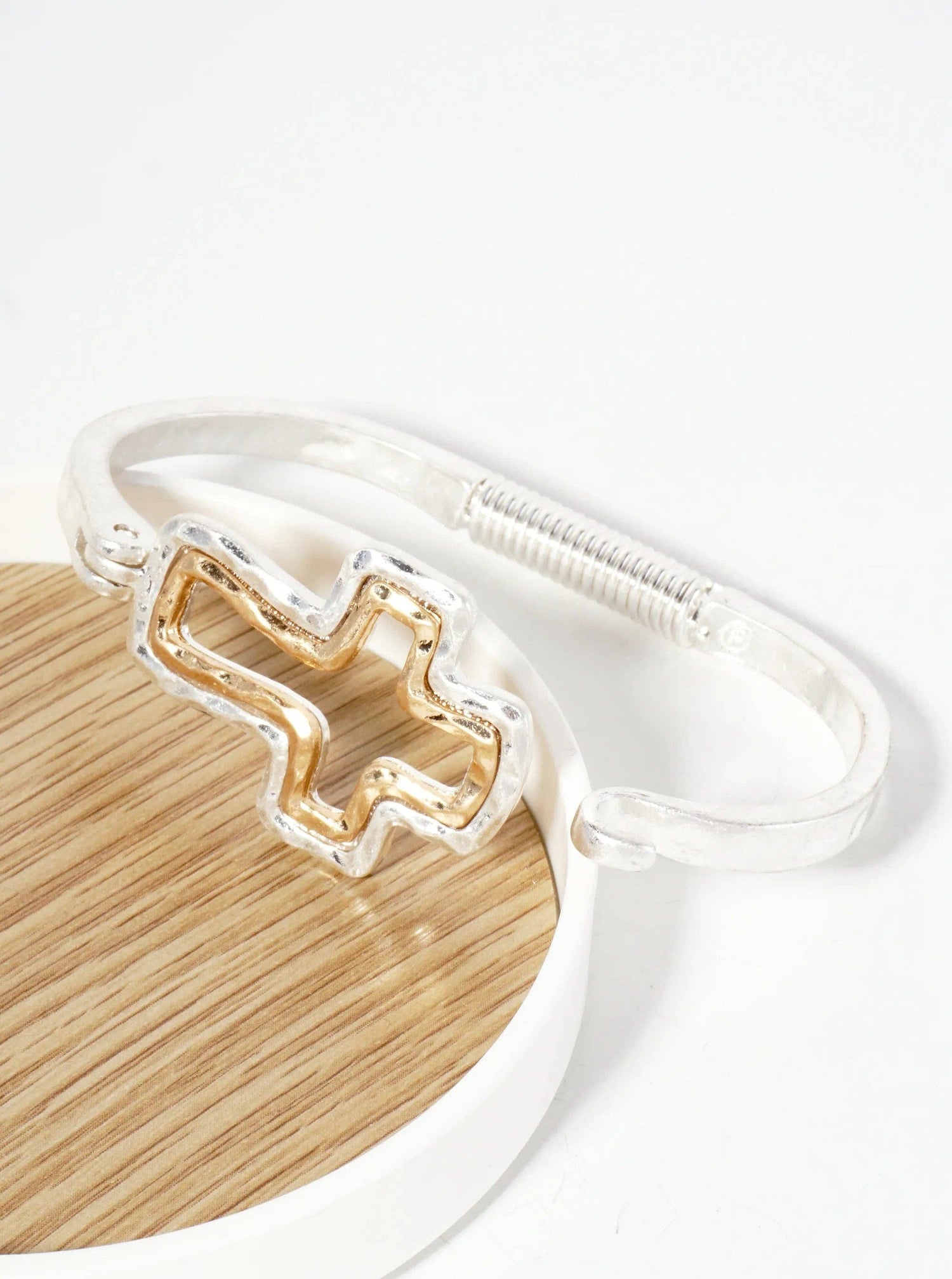 Hammered-Texture Metal Dual-Tone Cross-Shaped Hook-Clasp Hinged Bracelet
