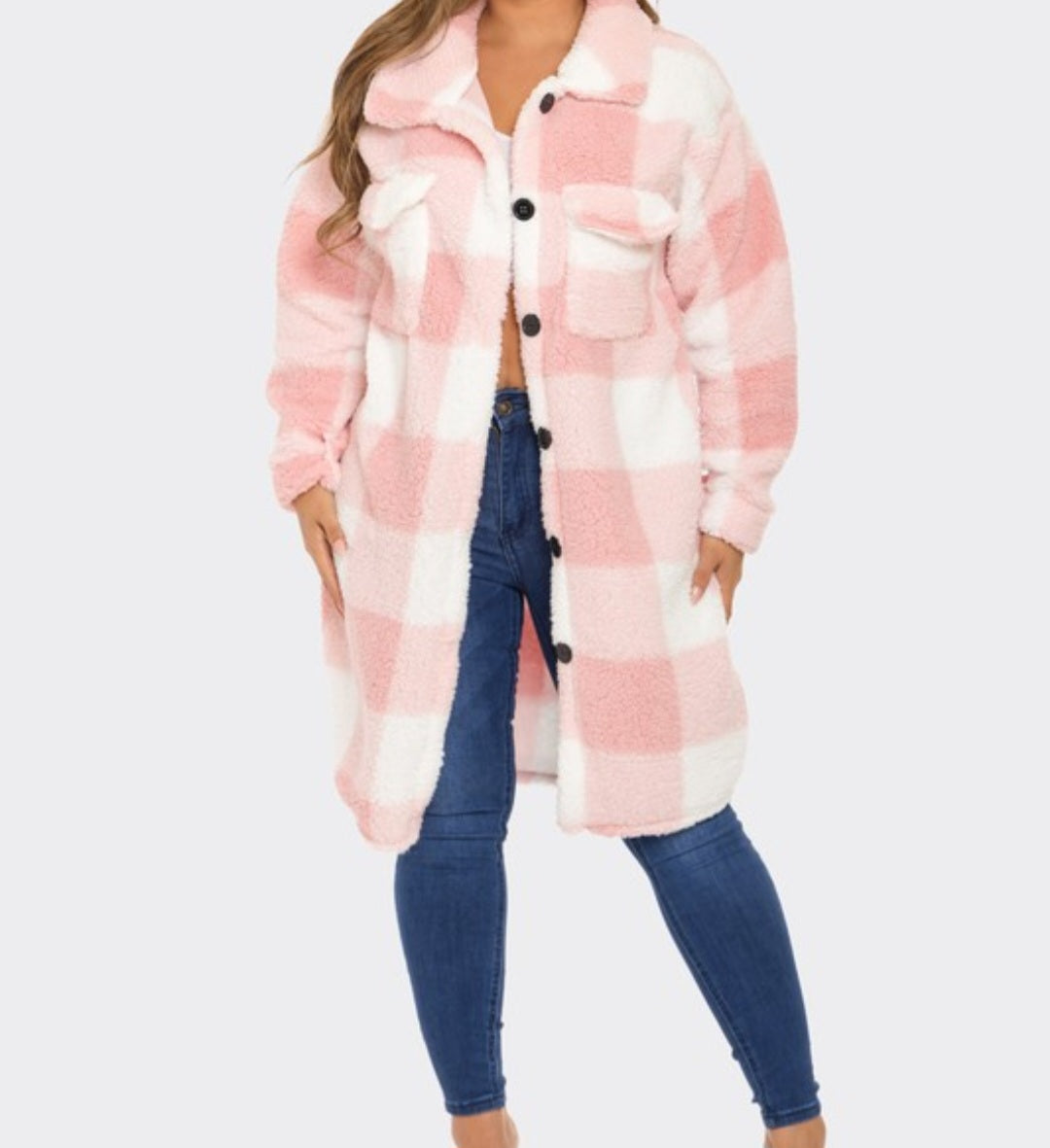 Checkered Pink Long Sleeve Button Up Jacket