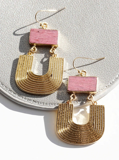 Textured Metal Natural Stone Drop Dangle Earrings