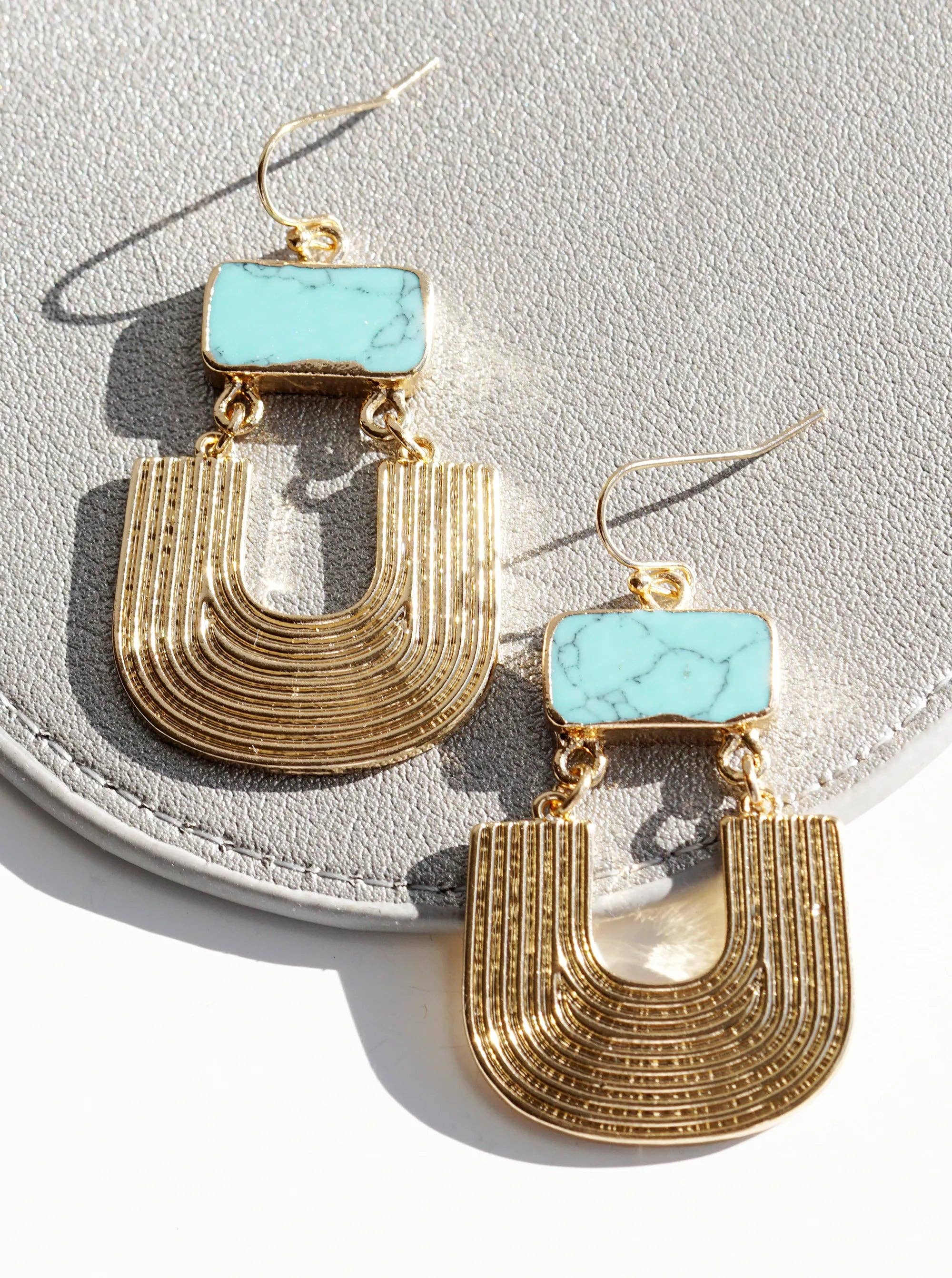 Textured Metal Natural Stone Drop Dangle Earrings