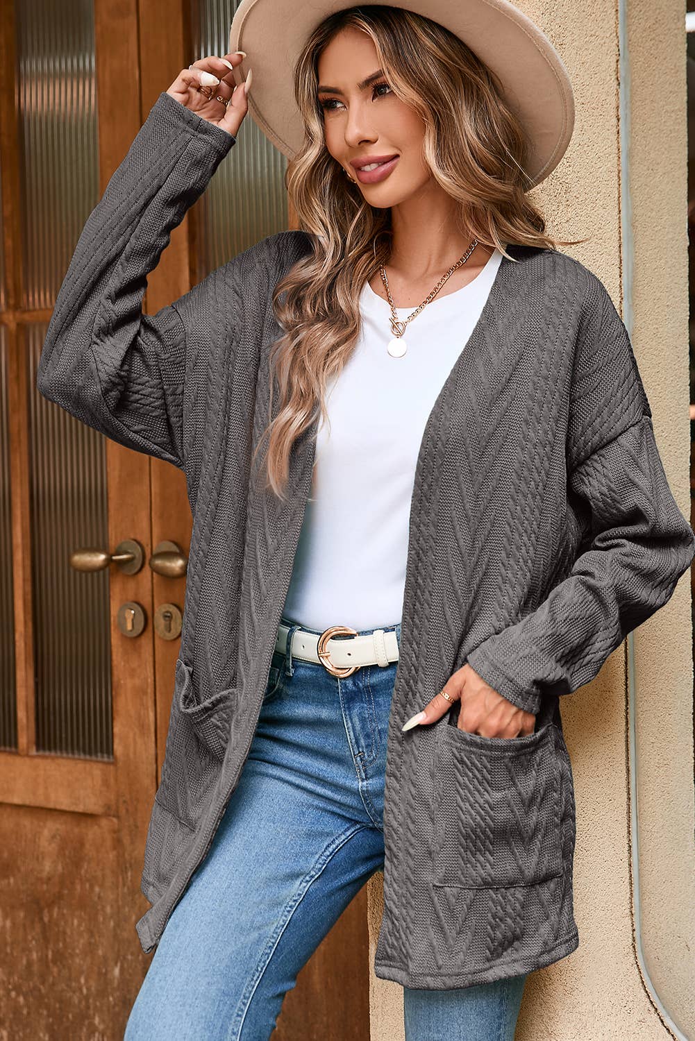 Textured Knit Open Front Cardigan with Pocket