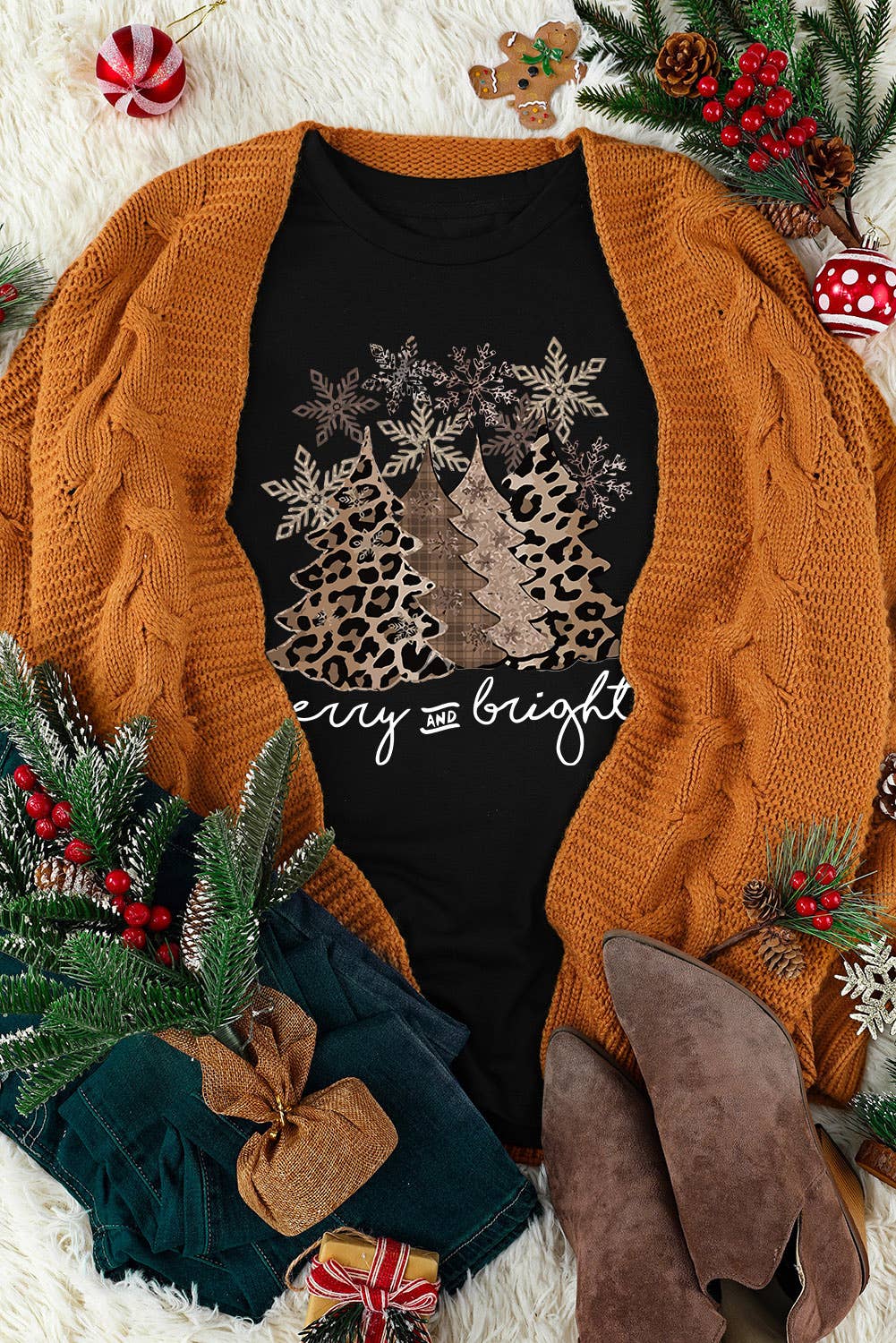 Leopard Christmas Tree Graphic Crew Neck T Shirt