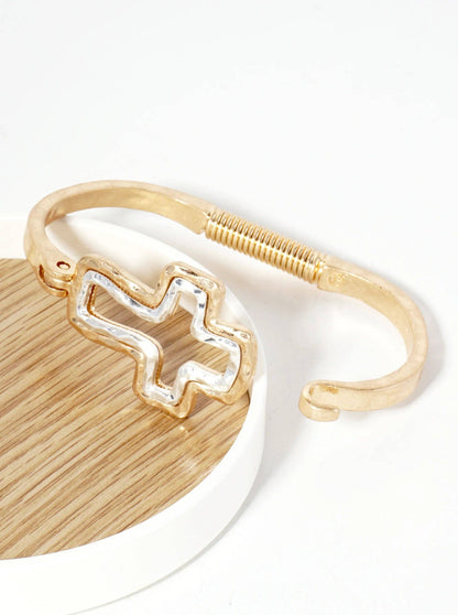 Hammered-Texture Metal Dual-Tone Cross-Shaped Hook-Clasp Hinged Bracelet