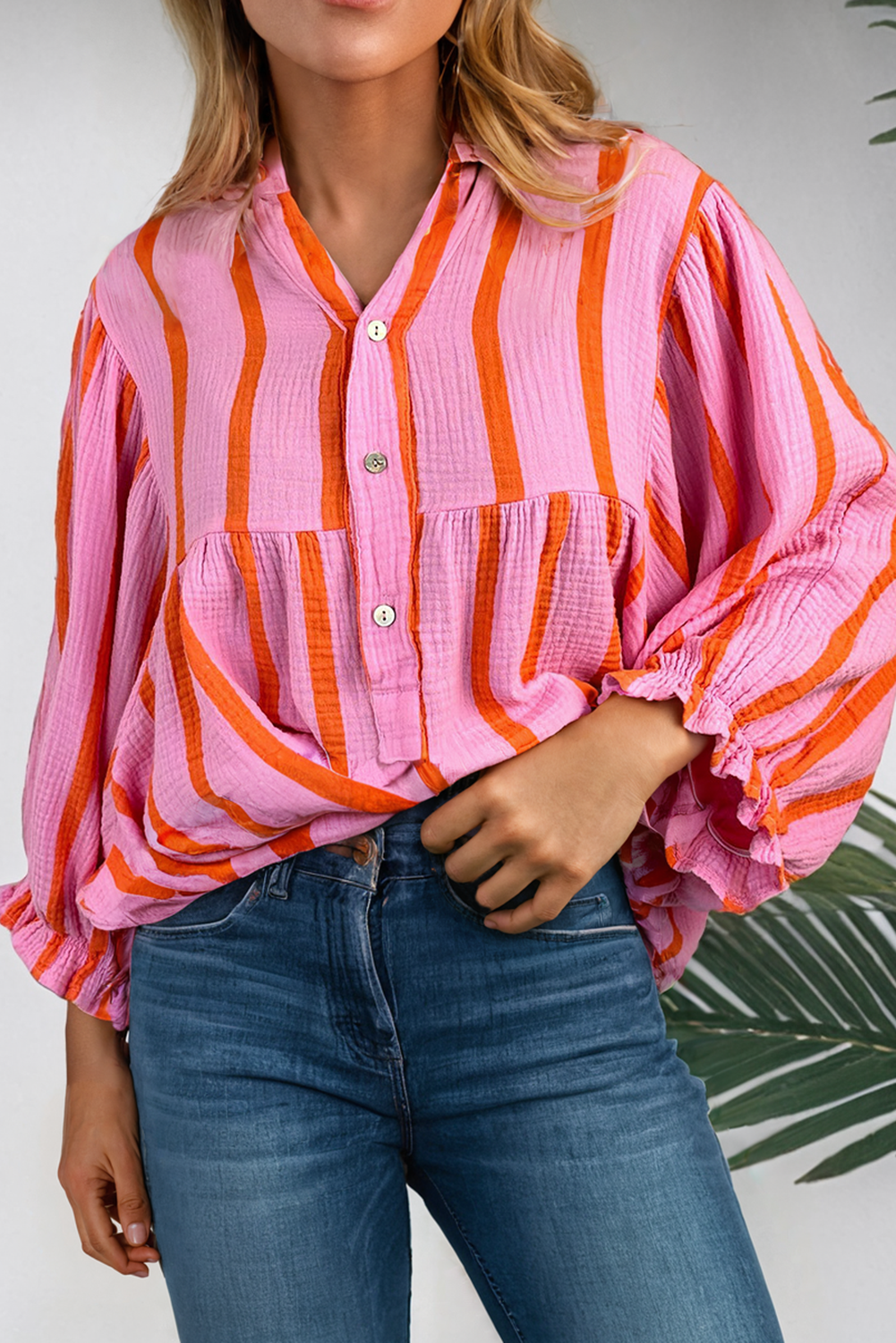 Stripe Textured Ruffled Sleeve Button up Loose Shirt