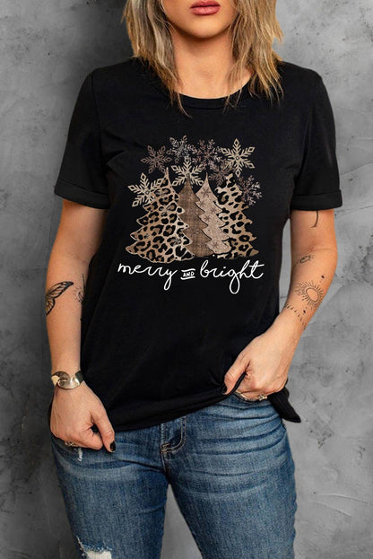 Leopard Christmas Tree Graphic Crew Neck T Shirt