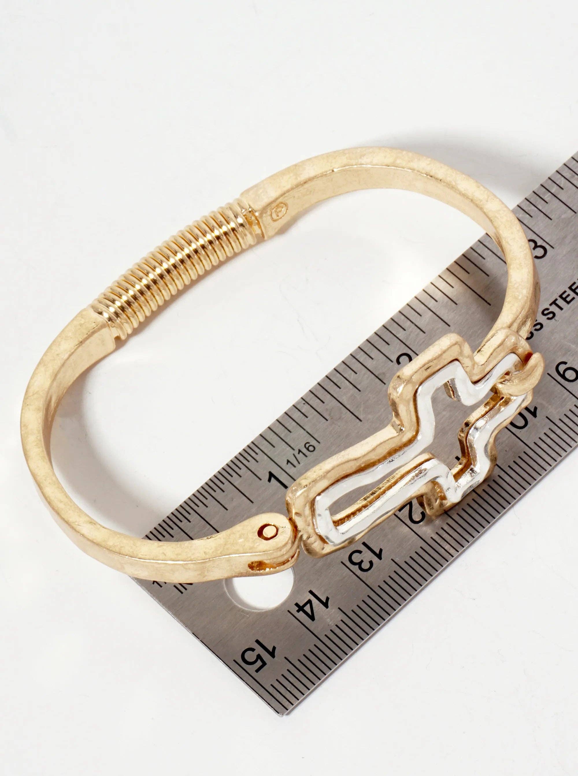 Hammered-Texture Metal Dual-Tone Cross-Shaped Hook-Clasp Hinged Bracelet
