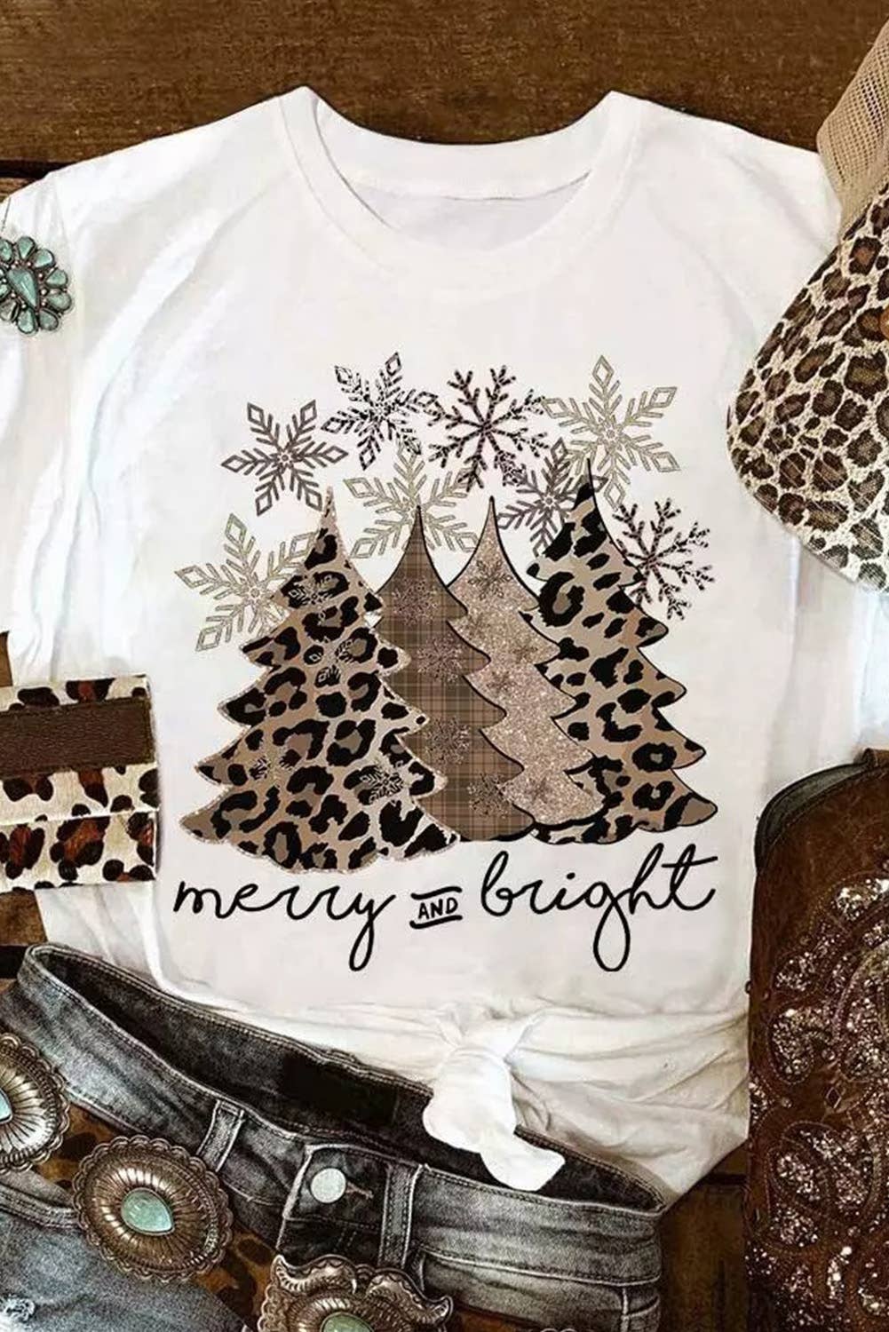 Leopard Christmas Tree Graphic Crew Neck T Shirt