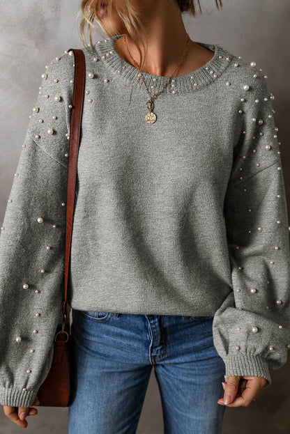 Long Sleeve Round Neck Pearl Pullover Sweater