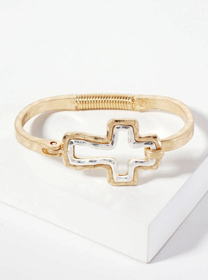 Hammered-Texture Metal Dual-Tone Cross-Shaped Hook-Clasp Hinged Bracelet