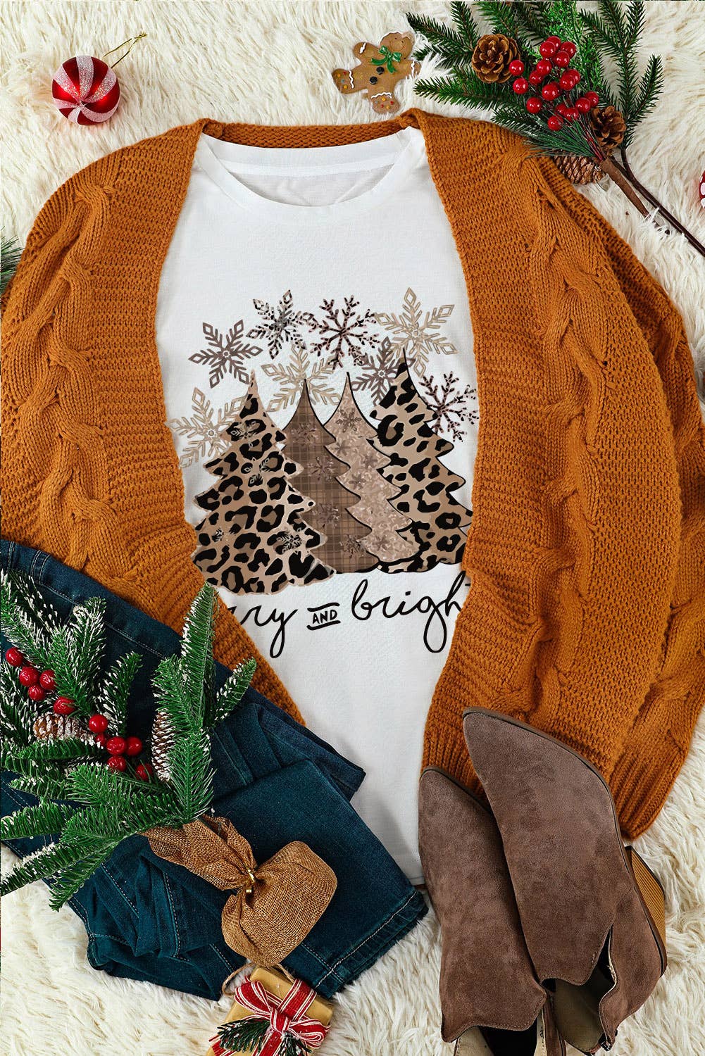 Leopard Christmas Tree Graphic Crew Neck T Shirt