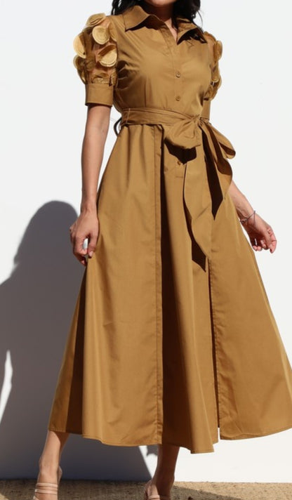 Cocoa Lace Sleeve Woven Midi Dress