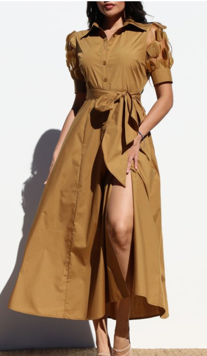 Cocoa Lace Sleeve Woven Midi Dress
